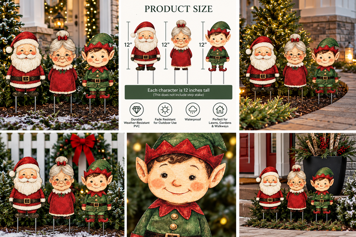 Santa, Mrs. Claus and Elf Garden Yard Sign Stakes Set - Indoor Outdoor