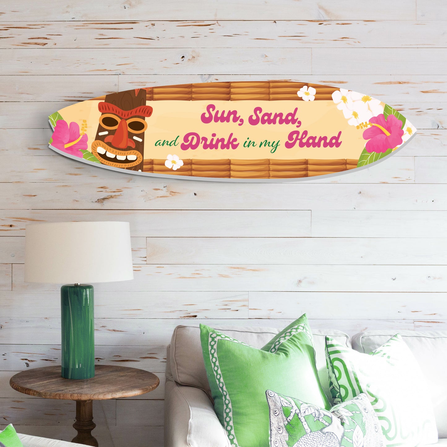 Outdoor Tropical Surfboard and Tiki Bar Sign, Sun Sand Drink in Hand Surfboard, Beach Home Decor, 4 Foot