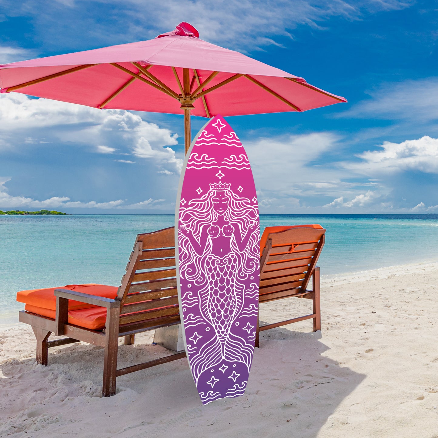 Outdoor Mermaid Surfboard Wall Art – Weatherproof PVC – Coastal Mermaid Sign for Beach House or Pool Area – Nautical Decor, Pink 5 Foot