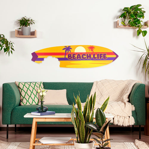 Outdoor Beach Life Surfboard Wall Art with Shark Bite, Nautical Beach Decor, Surfboard Sign Outside Inside, Weather Resistant, 5 Foot