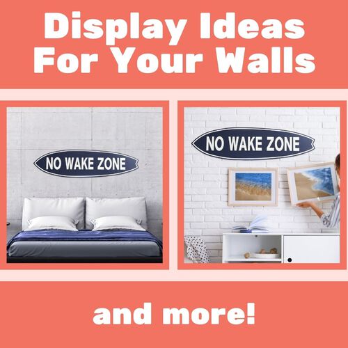 Outdoor No Wake Zone Surfboard Wall Art, PVC for Outside and Inside, Blue and White Nautical Decor, 4 Foot