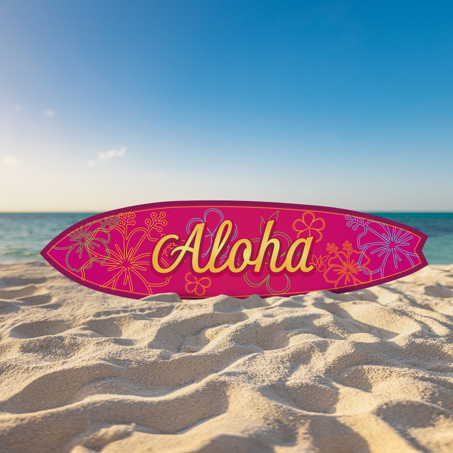 Outdoor Surfboard Wall Art Aloha, Bold Fuchsia Color, Hawaiian Decor, Weather Resistant PVC, Indoor Outdoor, 4 Foot
