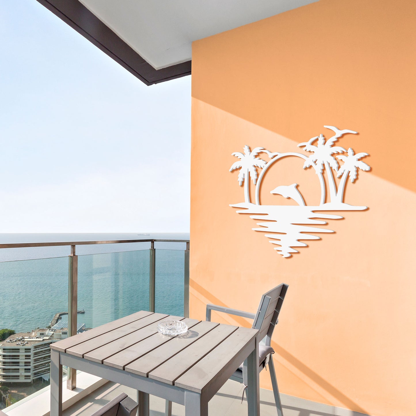 Outdoor Dolphin Wall Art, Coastal Wall Decor for Beach House, White PVC Dolphin Sign with Palm Trees Sunset, 3 Foot
