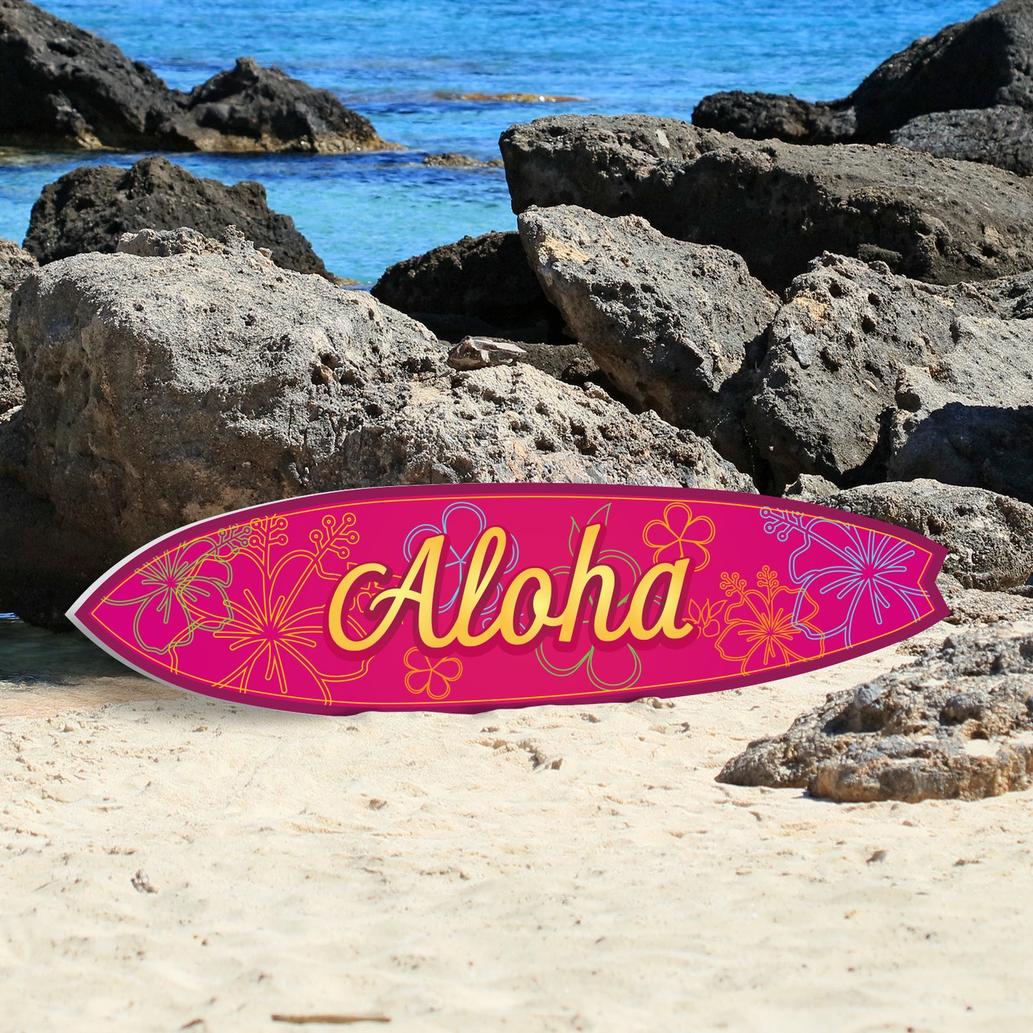 Outdoor Decorative Surfboard Wall Art in Fuchsia Color, Weather Resistant PVC, Aloha Design, Indoor Outdoor, 3 Foot