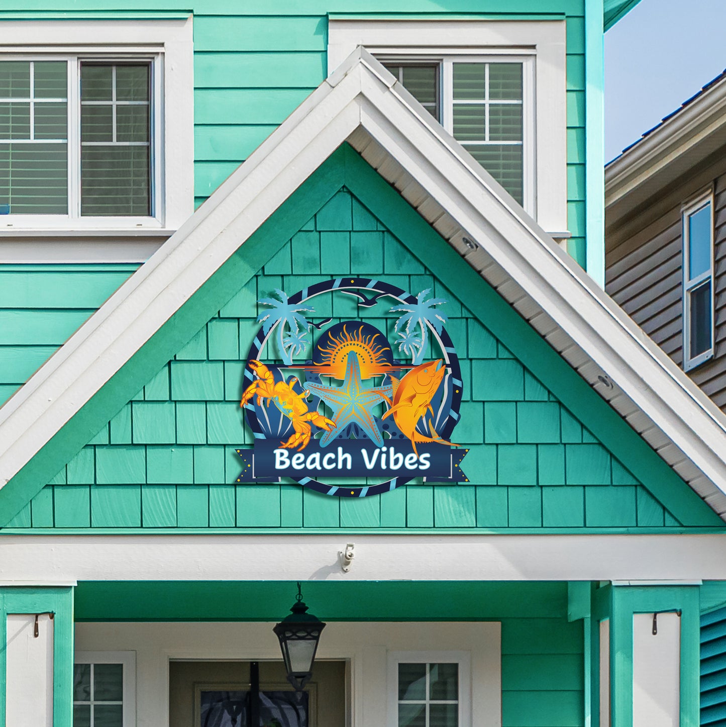Beach Vibes Outdoor Wall Art – Round PVC Sign with Palm Trees & Ocean Animals - 3 Foot