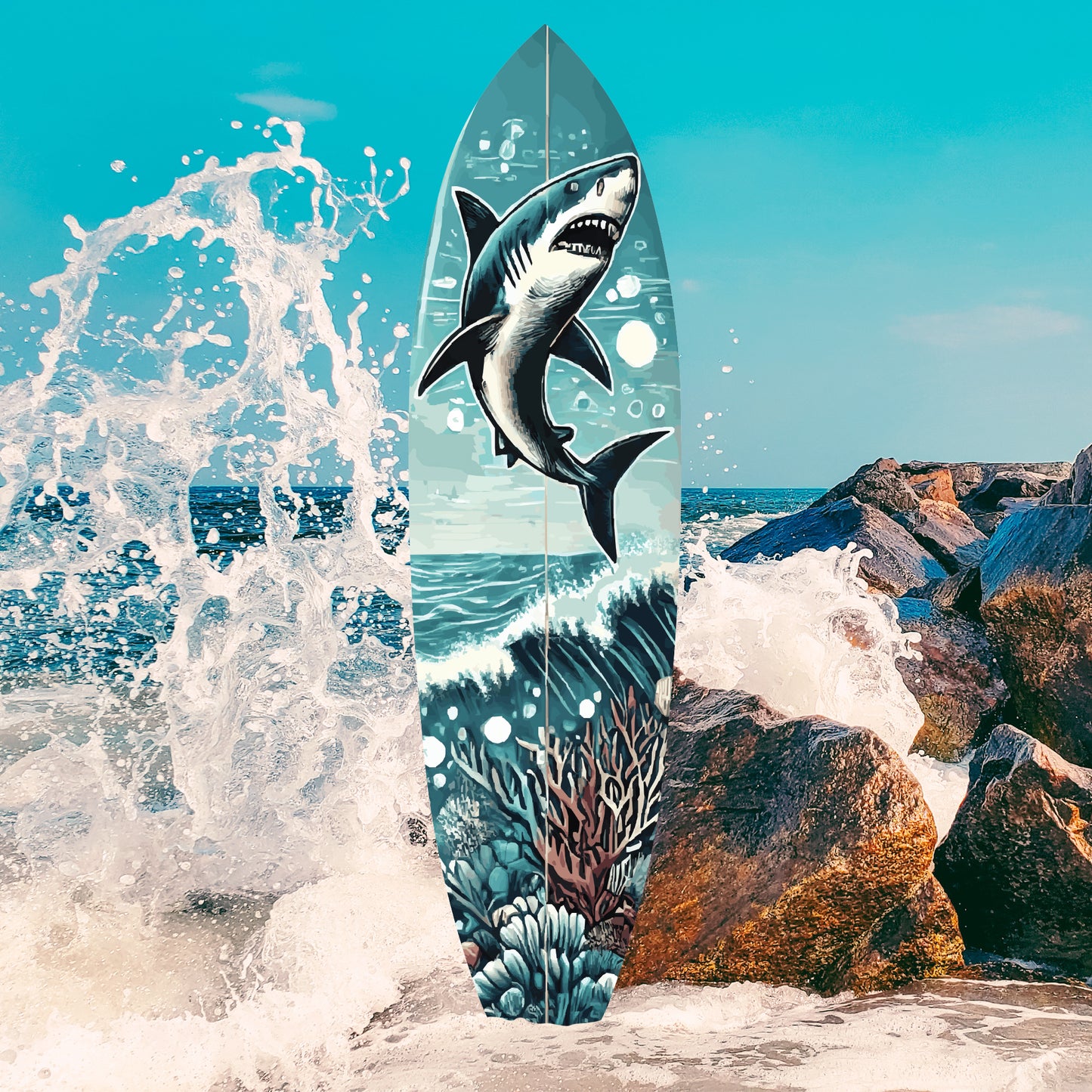 Shark Surfboard Themed Ocean Weather Resistant Indoor Outdoor, 3 Foot