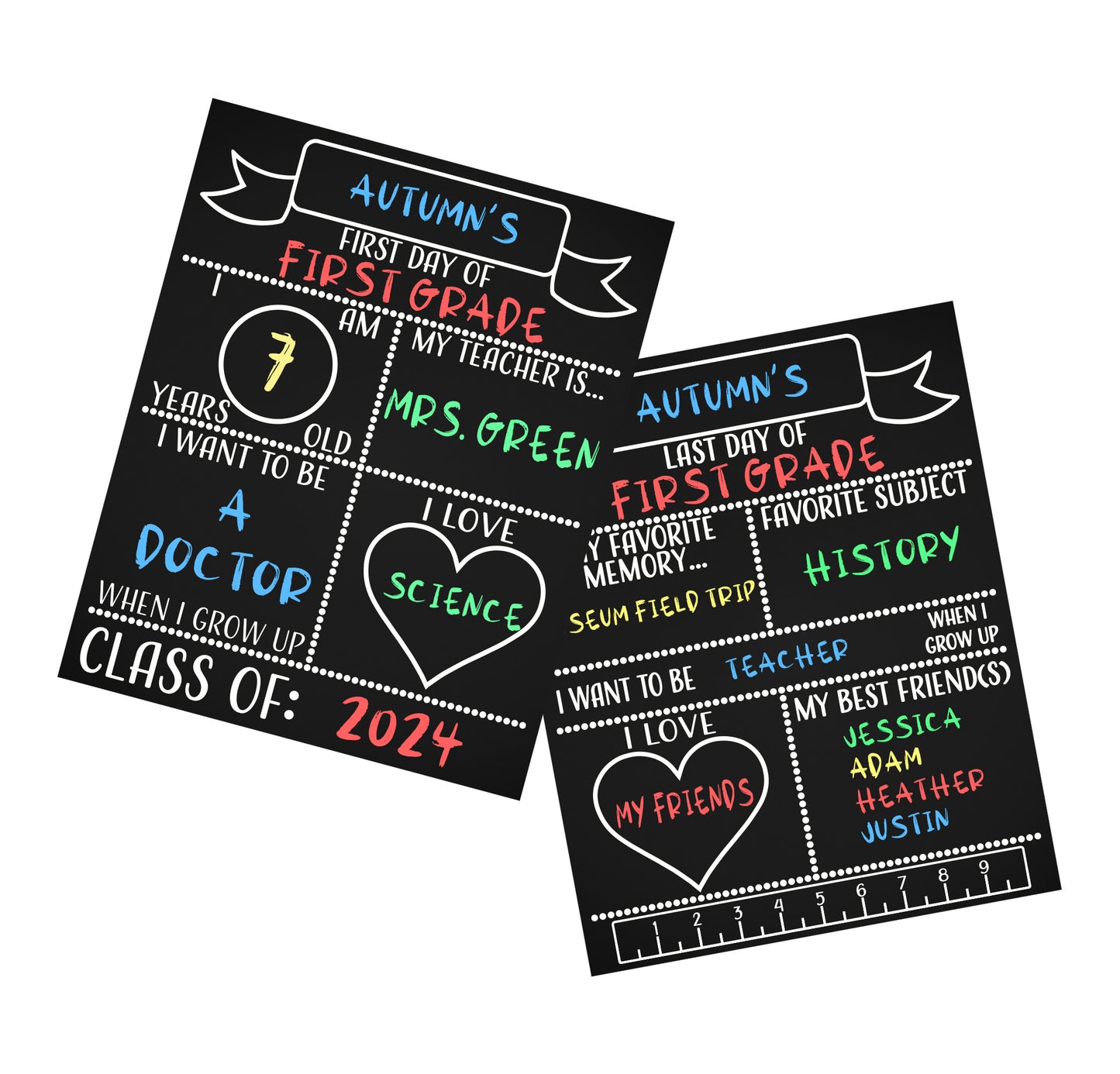 JennyGems First Day of School Sign, Reusable Double Sided Back To School Sign, Last Day of School Chalkboard, School Photo Prop, Made in USA