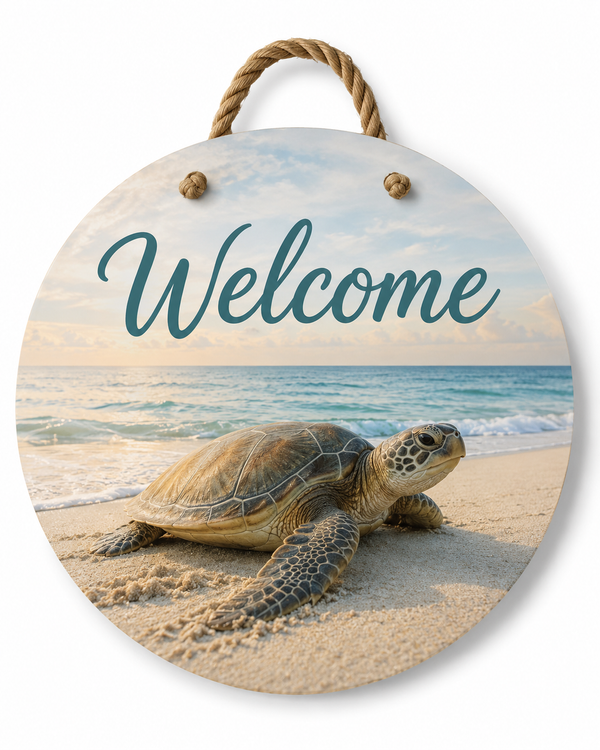 Turtle Front Door Welcome Sign – Nautical Beach Wreath Wall Hanging, Waterproof PVC Outdoor Decor, Coastal Porch Decoration, 16” Round