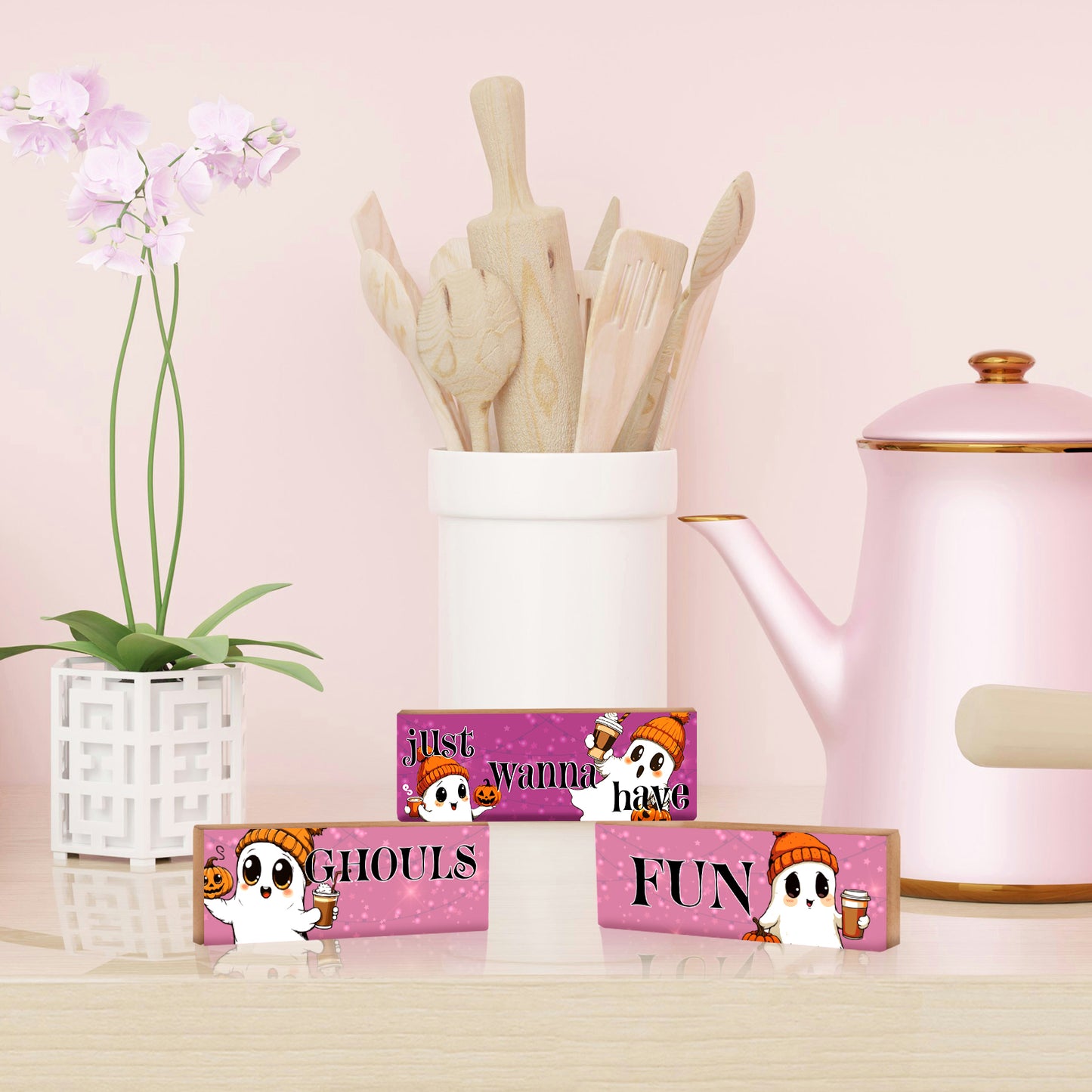 Ghouls Just Wanna Have Fun Cute Girl Ghosts Pink Pumpkin Spice Fall Decor, 3pc Halloween Wooden Block Set, Halloween Decorations