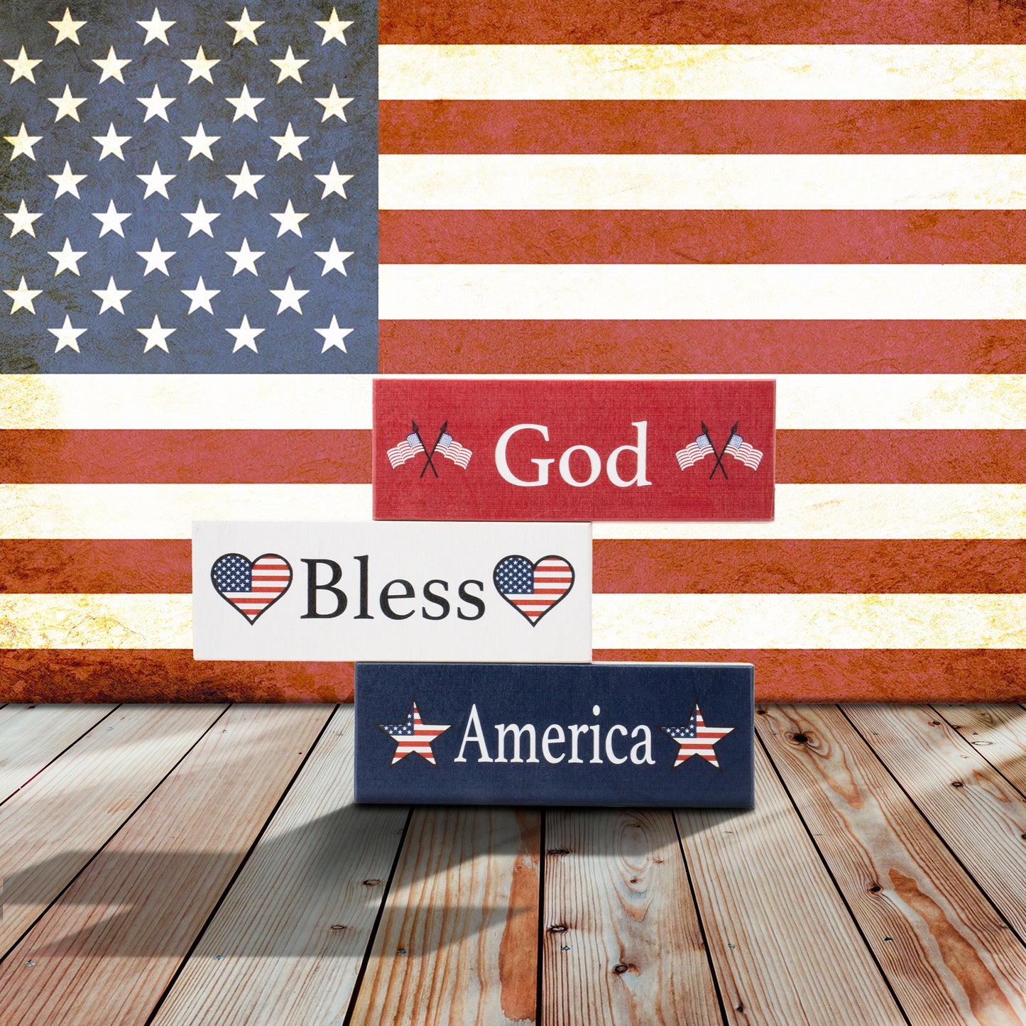 JennyGems American Pride Gifts, God Bless America Signs, Wood Blocks Set of 3, 5.5x2 in, Patriotic American Decorations, USA Tiered Tray Decor, Mantel Decor, Patriotic Home Decor, Made in USA