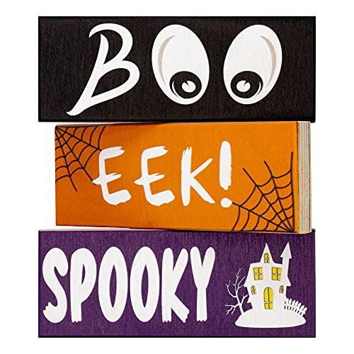 Boo Eek Spooky Halloween Blocks, Wooden Set of 3 Blocks, Halloween and Fall Decoration