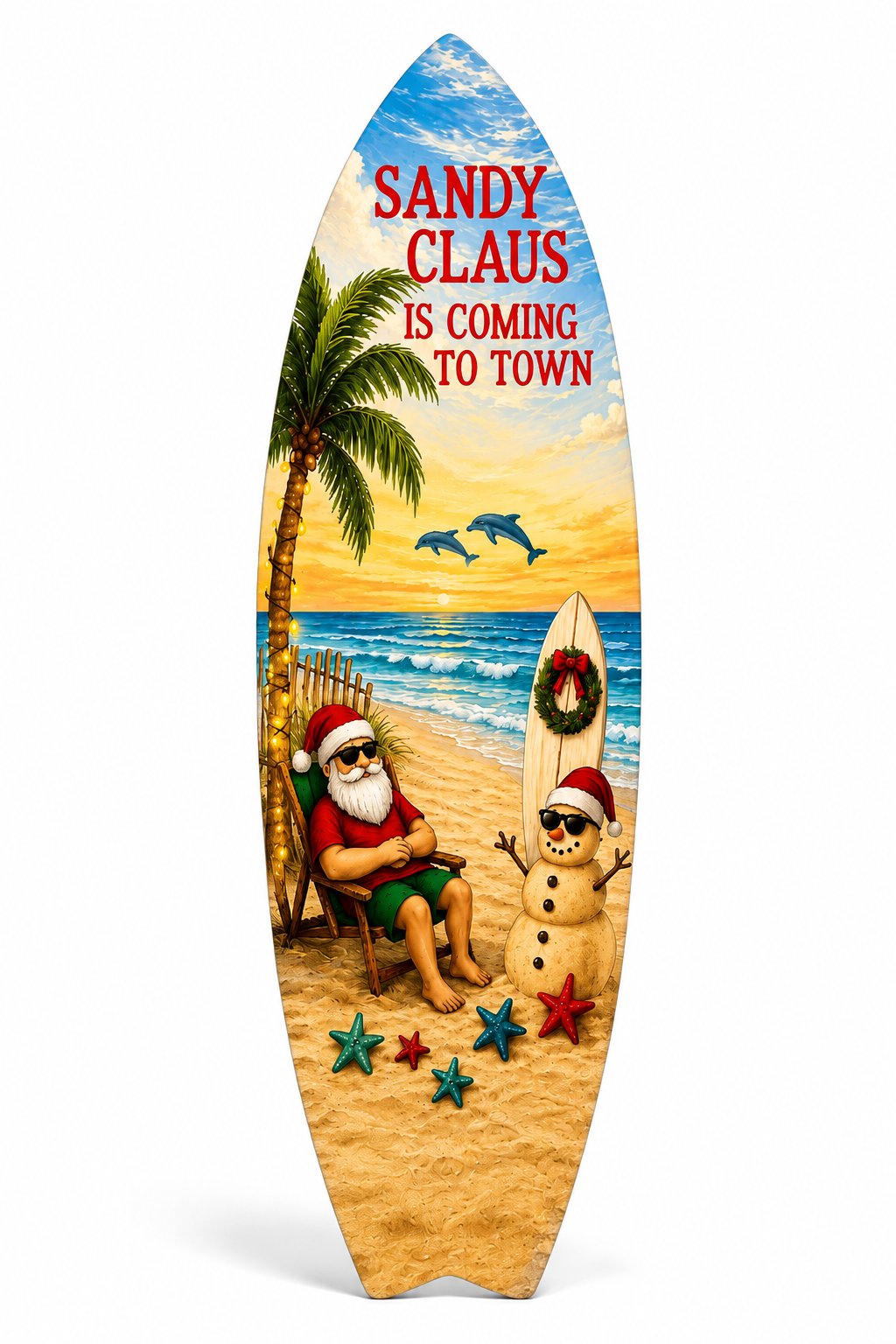 Sandy Claus Christmas Surfboard Wall Art – Outdoor PVC Holiday Decor with Santa Snowman Dolphins