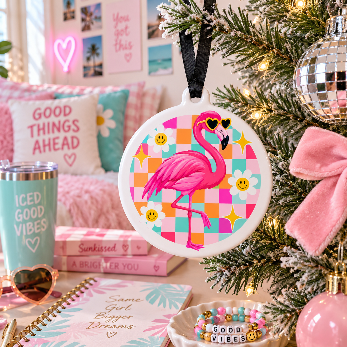 Pink Flamingo Christmas Ornament – Preppy Checkerboard Smiley Daisy Coastal Girly Christmas Tree Decor