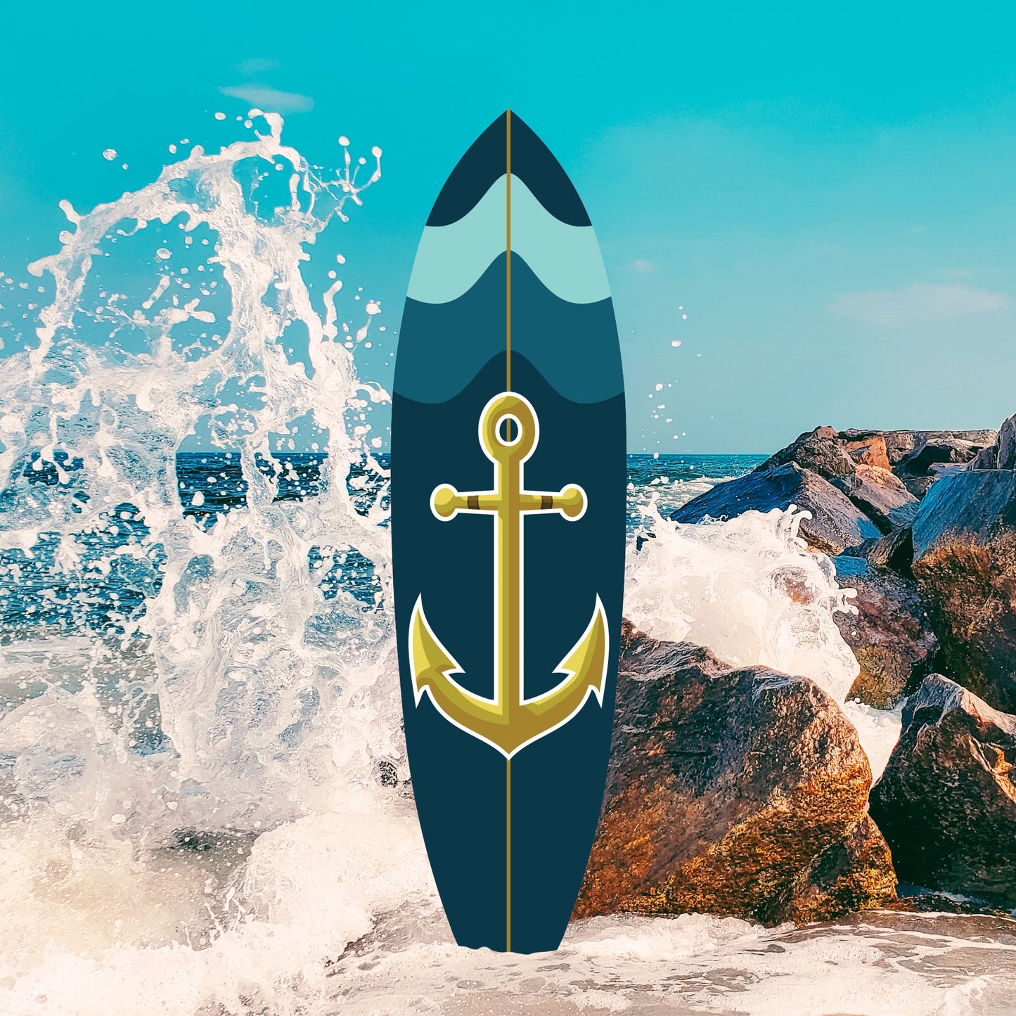 Outdoor Nautical Anchor Surfboard Wall Art, Navy Blue and Teal, Indoor Outdoor Weather Resistant PVC, 4 Foot