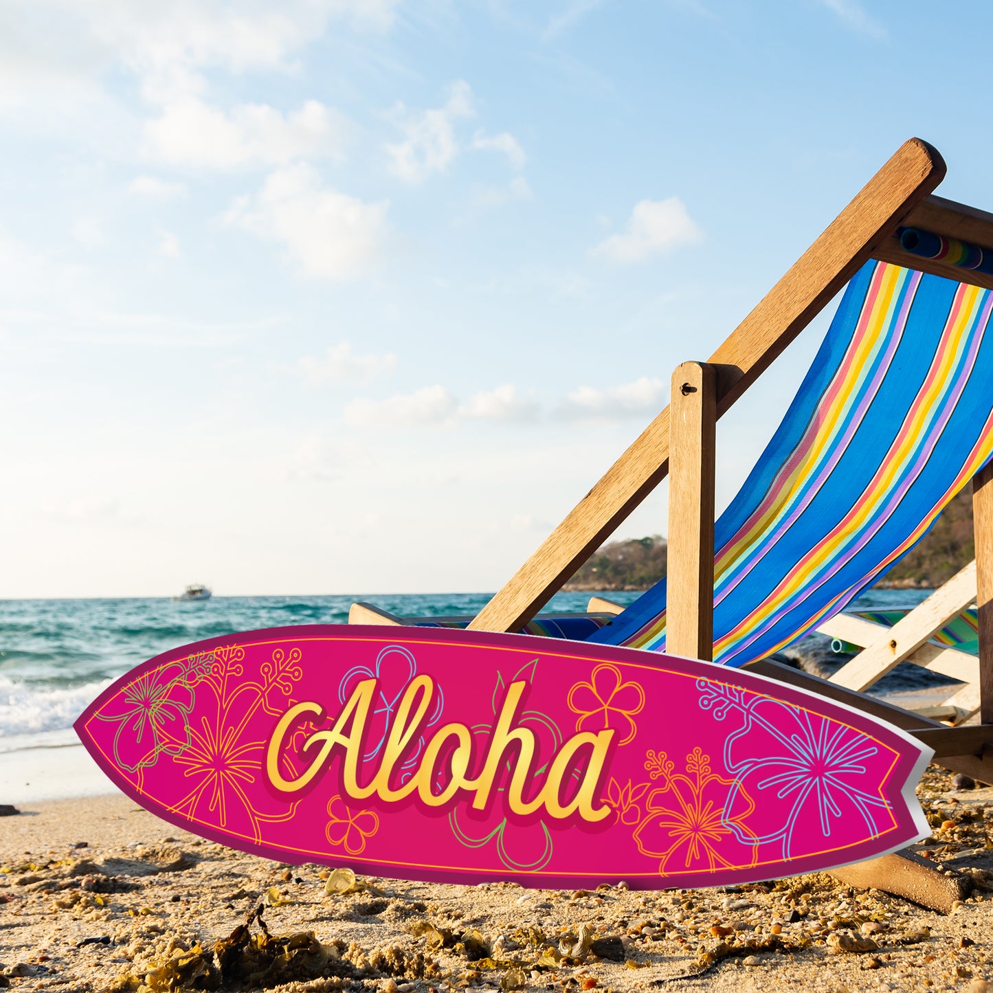 Outdoor Decorative Surfboard Wall Art in Fuchsia Color, Weather Resistant PVC, Aloha Design, Indoor Outdoor, 3 Foot