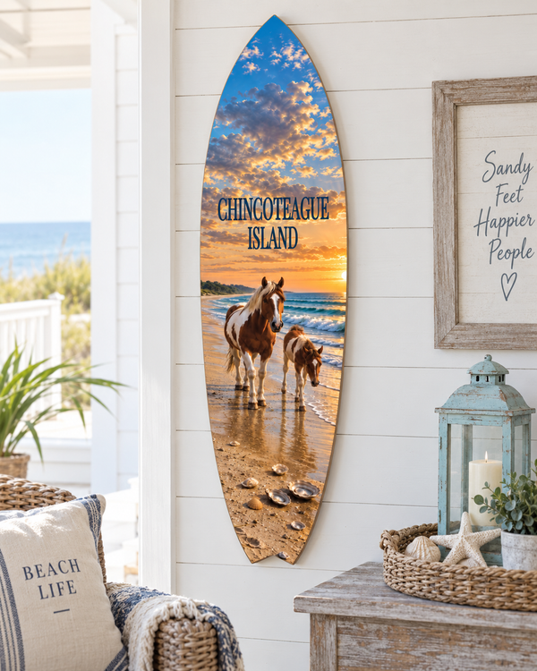 Chincoteague Island Surfboard Wall Art: Ponies & Oysters, Coastal Decor
