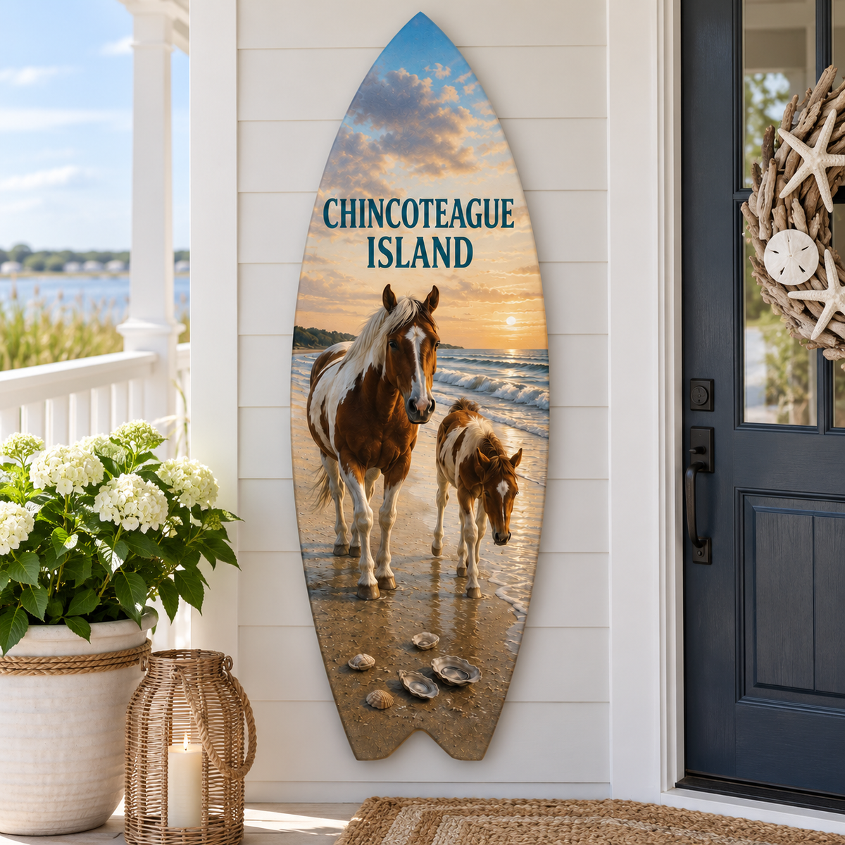 Chincoteague Island Surfboard Wall Art: Ponies & Oysters, Coastal Decor