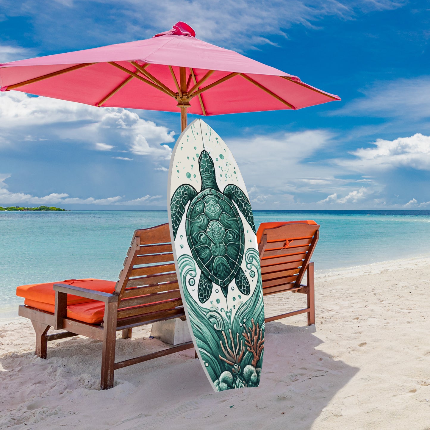 Decorative Outdoor Turtle Surfboard Wall Art, PVC, Weather Resistant, 5 Foot