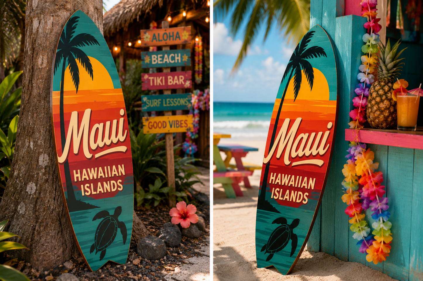 Maui Hawaiian Islands Surfboard Wall Art, Weatherproof PVC, Coastal Decor