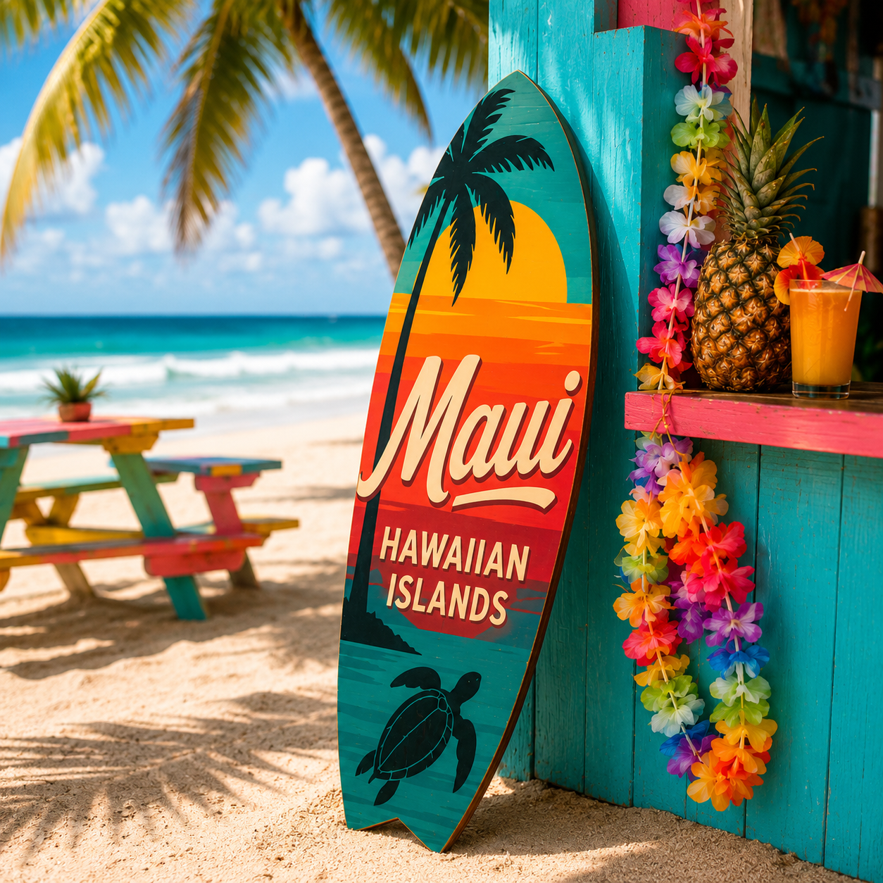 Maui Hawaiian Islands Surfboard Wall Art, Weatherproof PVC, Coastal Decor