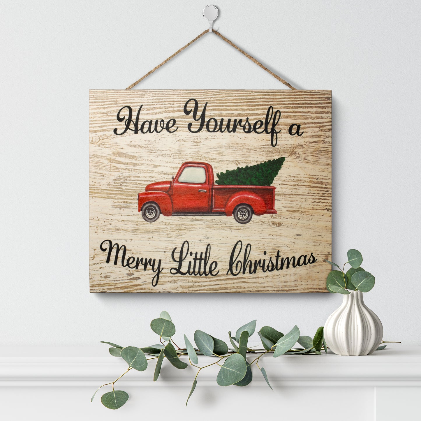 Vintage Red Truck with Christmas Tree Decor, Real Wood, 10x12 Inch, Christmas Sign, Made in USA
