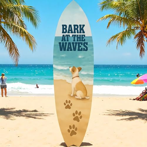 Outdoor Dog Surfboard Wall Decor – Coastal Pet Wall Art for Porch, Pool, Fence, PVC Beach House Decor for Dog Owners, Bark at Waves, 5 foot