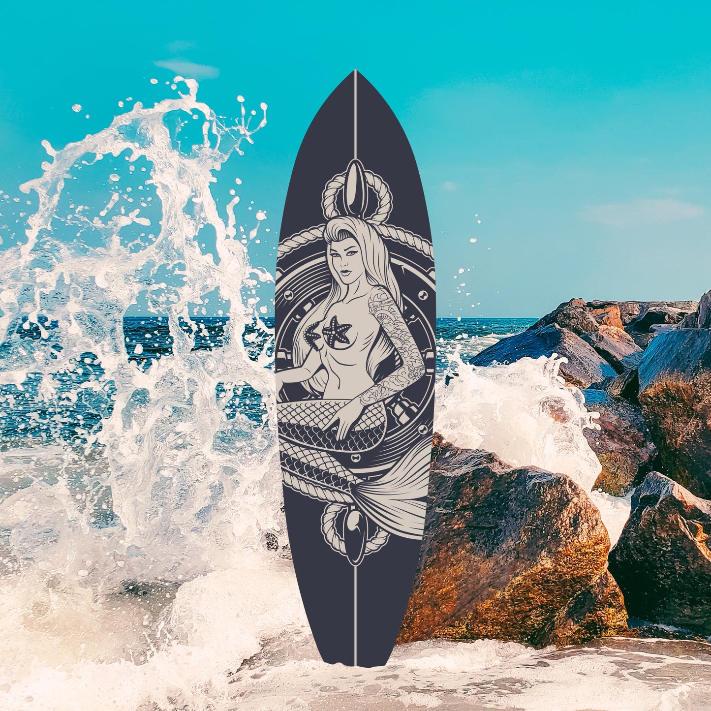 Outdoor Mermaid Surfboard Wall Art – Weatherproof PVC – Coastal Mermaid Sign for Beach House or Pool Area – Nautical Ocean Accent, 3 Foot