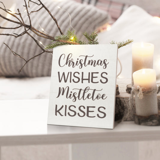 Christmas Wishes Mistletoe Kisses, 7.25x6 Inch Wood Sign, Christmas Decorations, Christmas Gifts, American Made