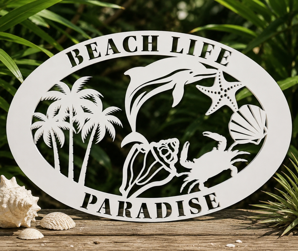 Beach Life Paradise – Coastal Beach House Wall Decor, Tropical Sign for Home, Porch, Fence, Indoor Outdoor Use Weatherproof PVC