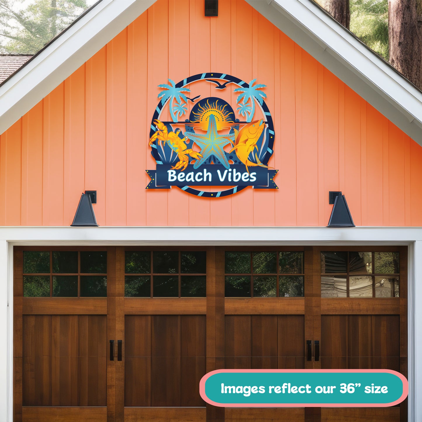 Beach Vibes Outdoor Wall Art – Round PVC Sign with Palm Trees & Ocean Animals - 3 Foot