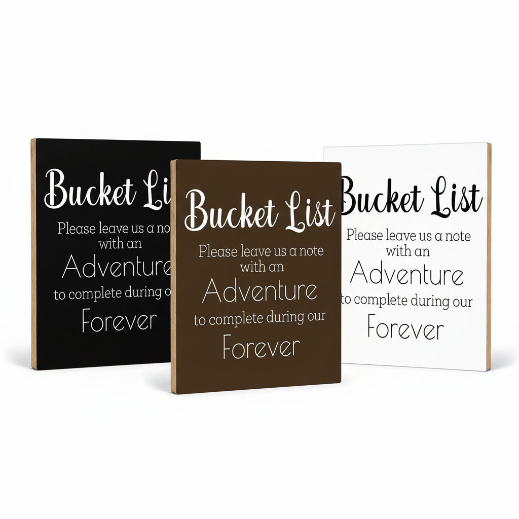 Bucket List Wedding Sign in black, brown, and white