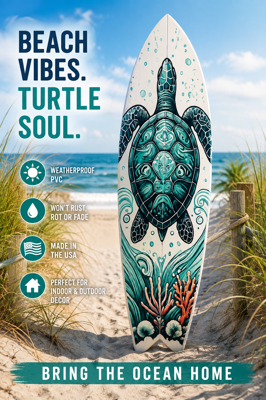 Decorative Turtle Surfboard Wall Art - Weather Resistant PVC Coastal Sea Decor for Beach House, Patio & Outdoor Living