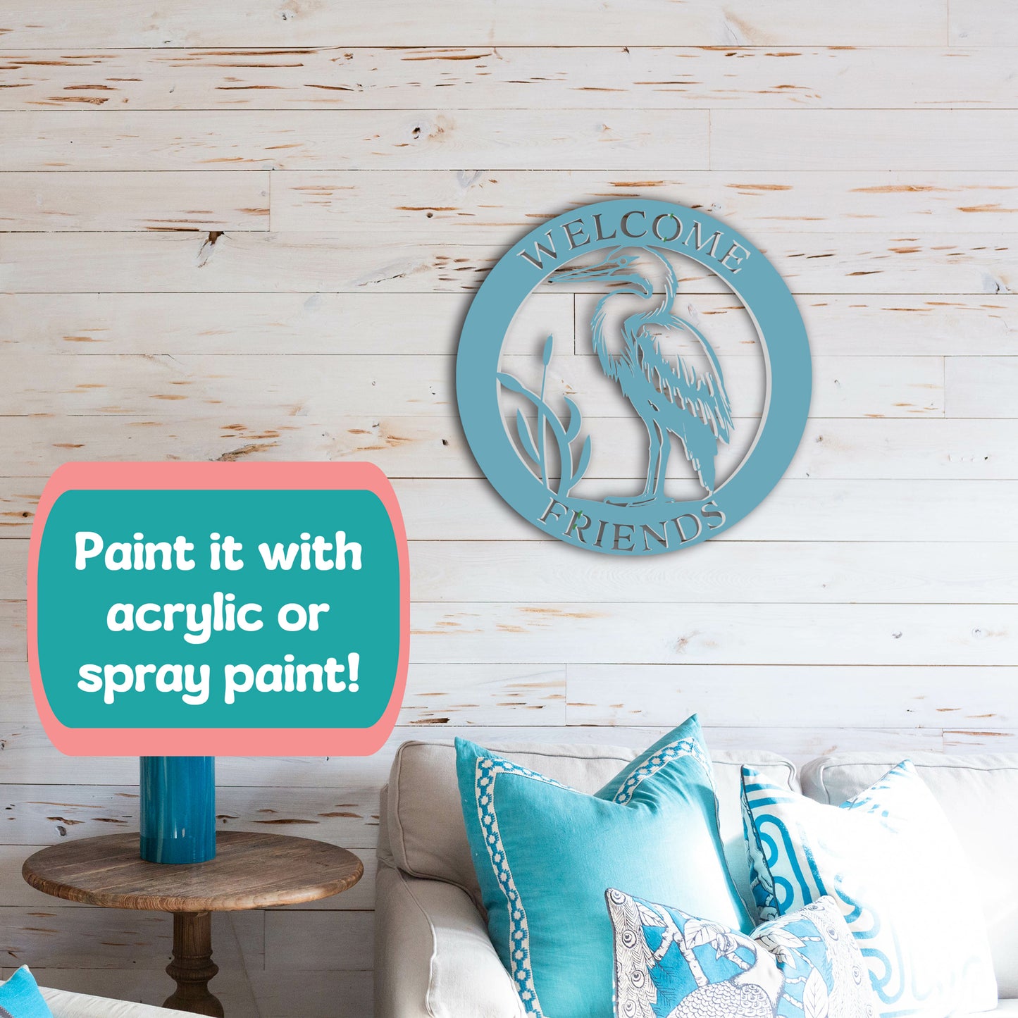 Outdoor Beach Sign Welcome Friends – Round Egret Wall Art for Beach House, Coastal Cottage & Vacation Home - 3 Foot