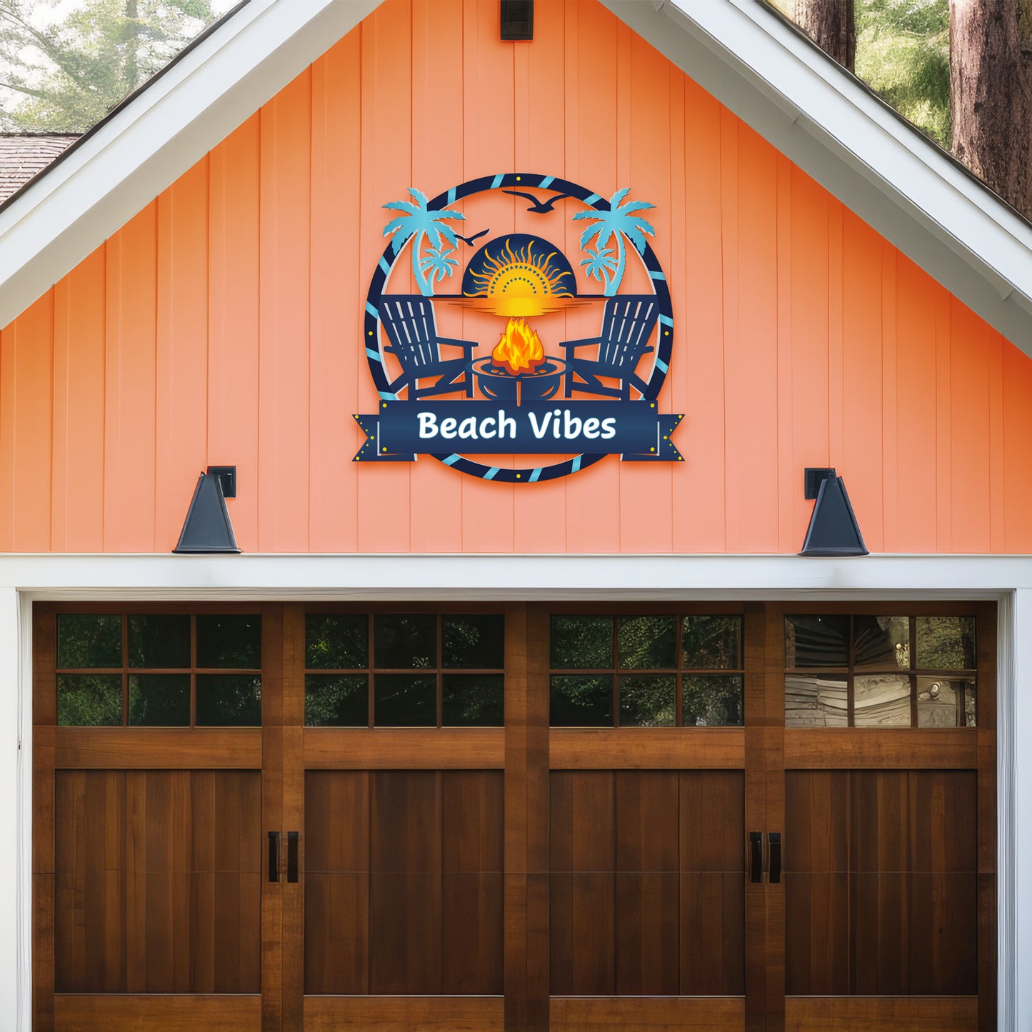 Outdoor Beach Vibes Sign, Premium PVC Beach House Decor with Fire Pit, Weatherproof Coastal Wall Art, 3 Foot