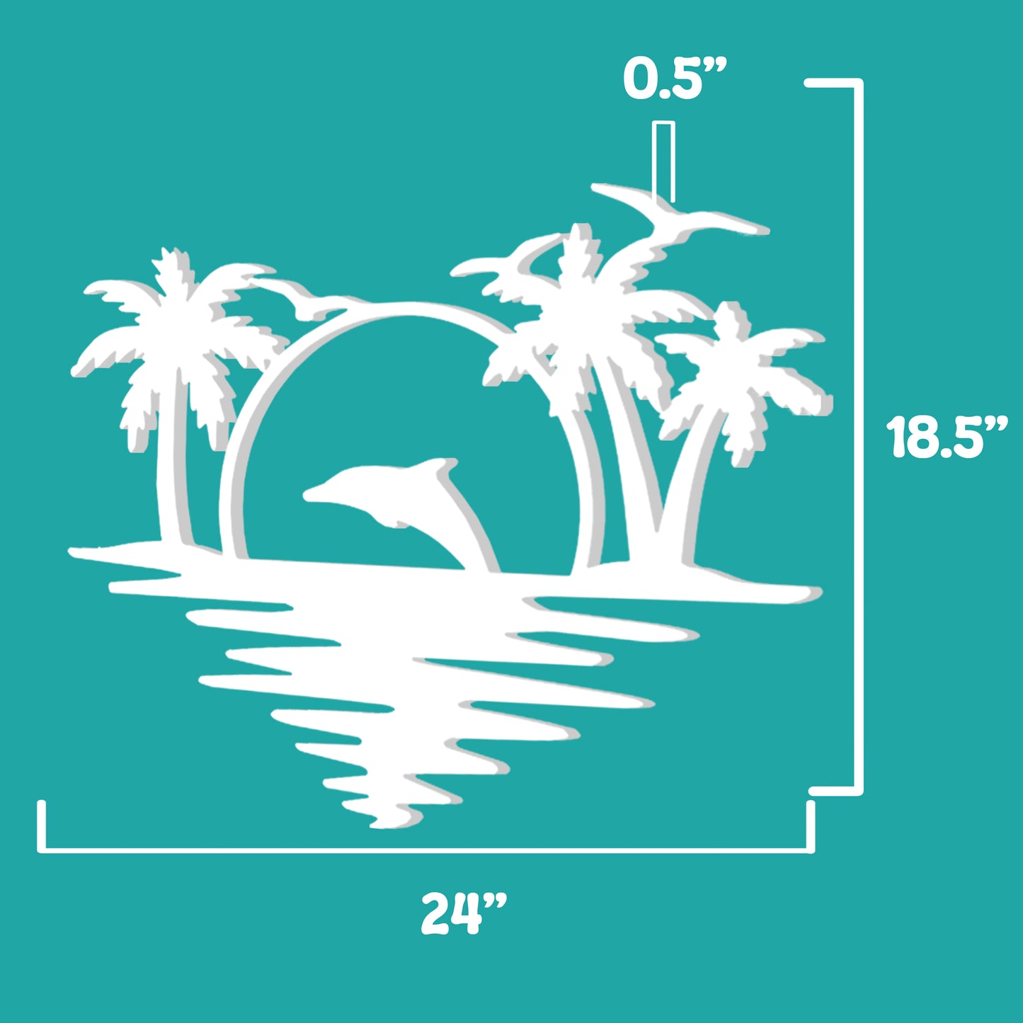Outdoor Dolphin Wall Art, Coastal Wall Decor for Beach House, White PVC Dolphin Sign with Palm Trees Sunset, 2 Foot