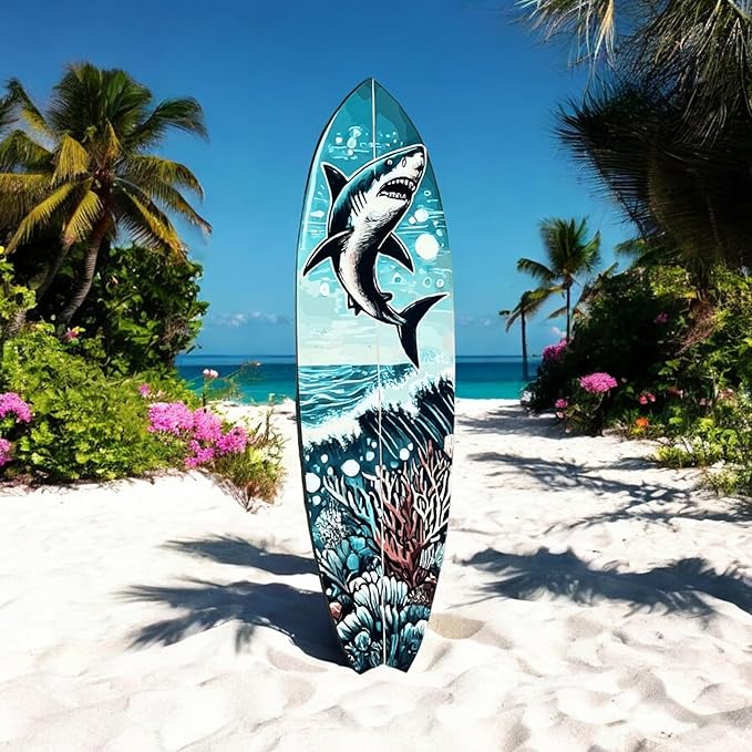 Shark Surfboard Themed Ocean Weather Resistant Indoor Outdoor, 3 Foot