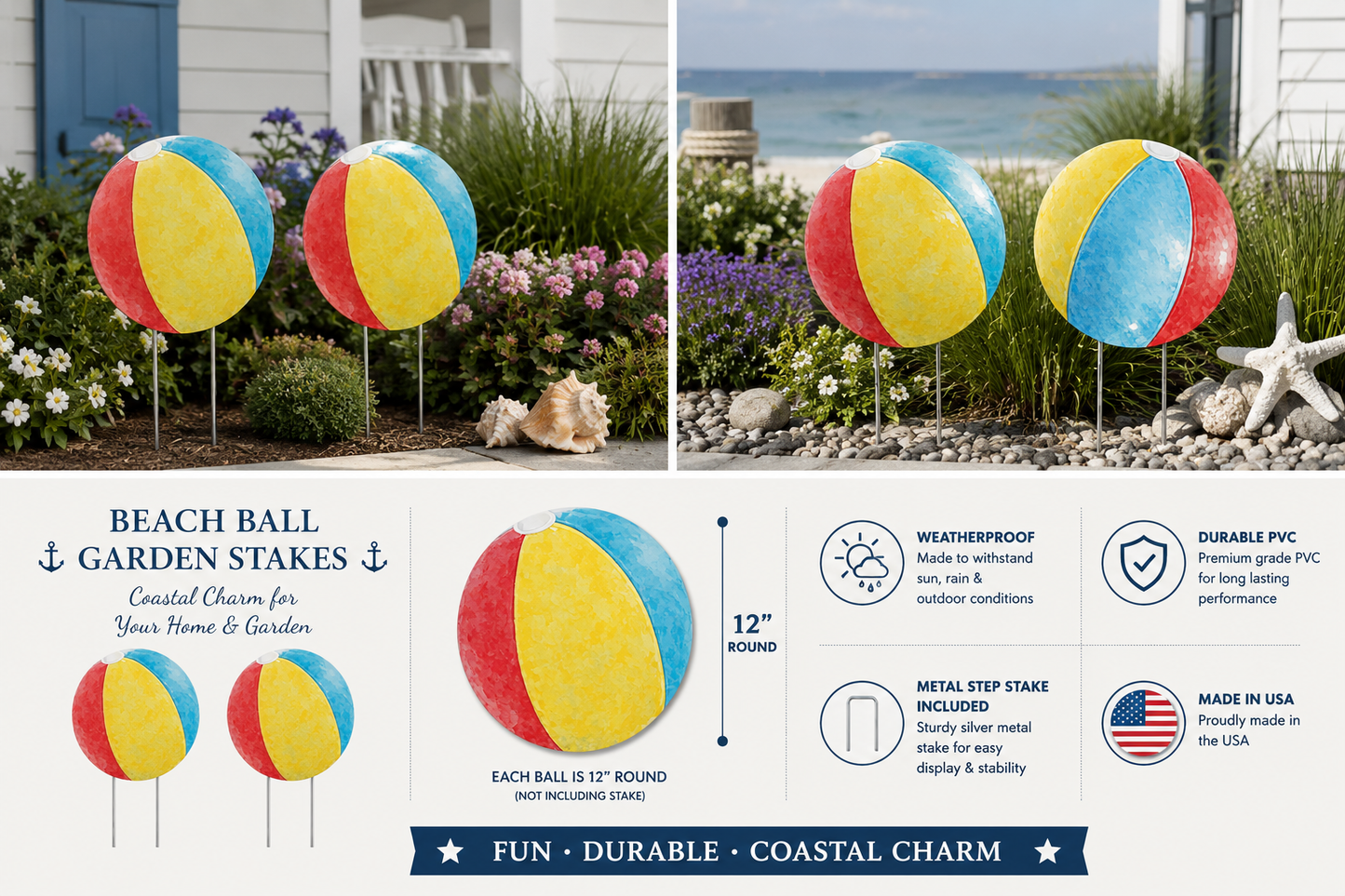 Beach Ball Yard Sign Set of Two | 12" Round PVC Outdoor Lawn Sign