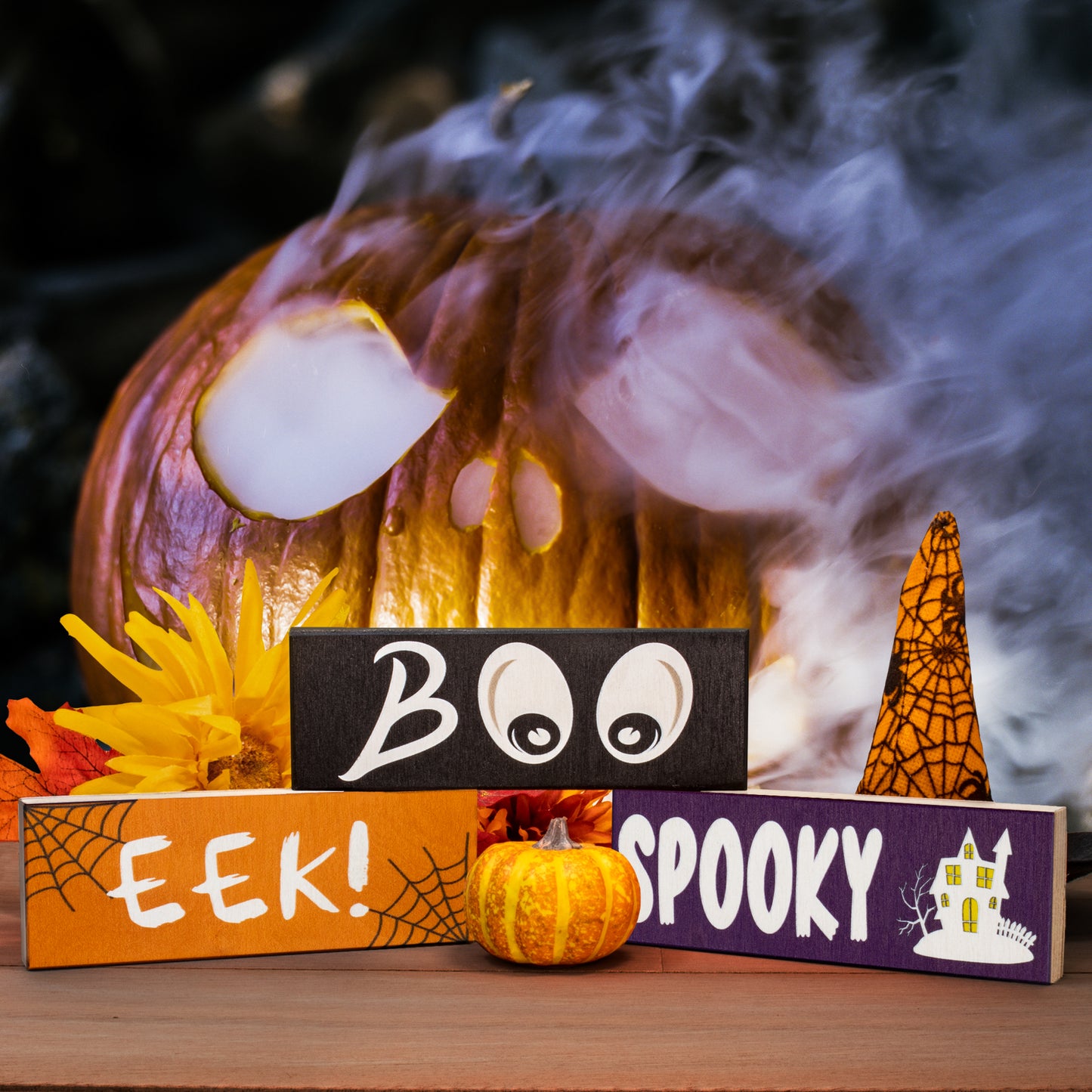 JennyGems Halloween Decorations, Boo Eek Spooky Mini Wooden Block Signs, Halloween Tiered Tray Decor, Halloween Party Decorations, Made in USA