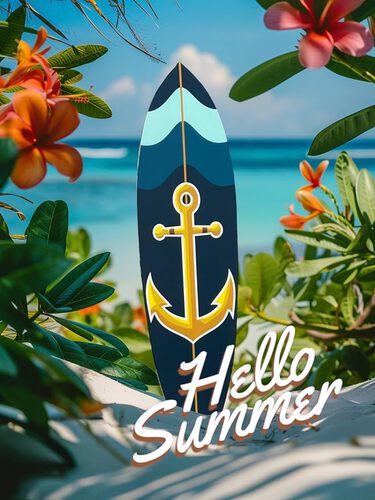 Outdoor Nautical Anchor Surfboard Wall Art, Navy Blue and Teal, Indoor Outdoor Weather Resistant PVC, 4 Foot