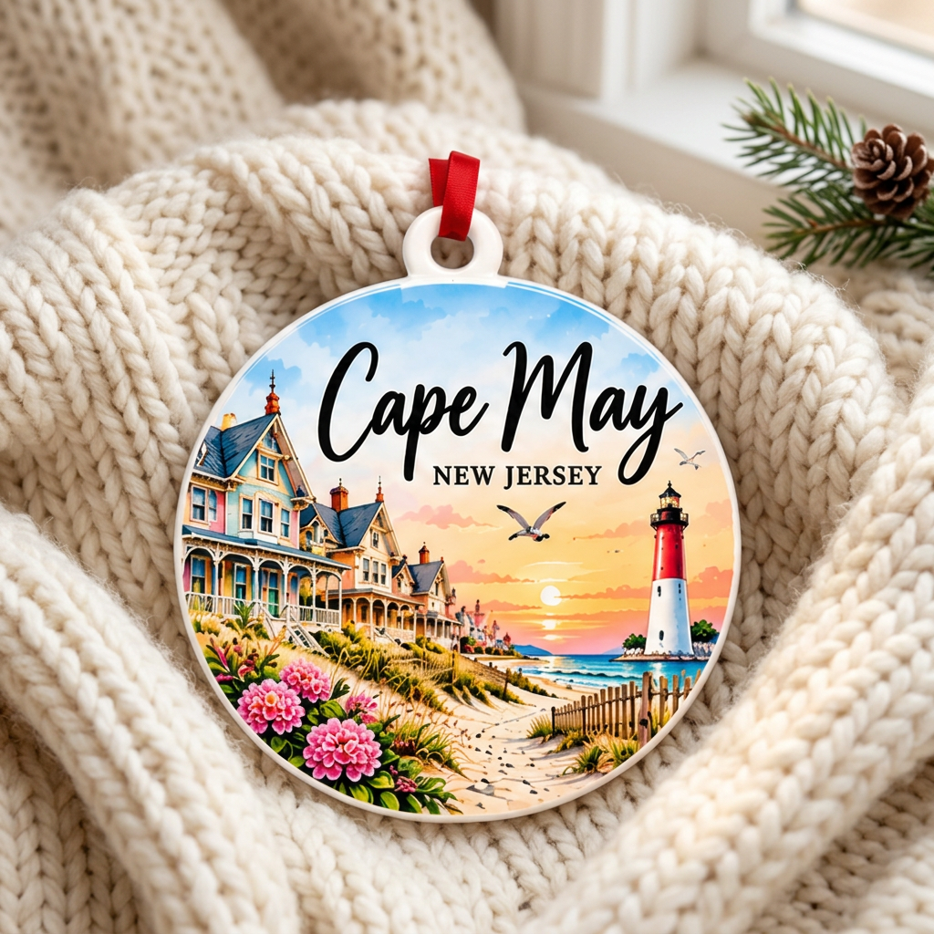 Cape May ornament on a cozy ivory knit blanket