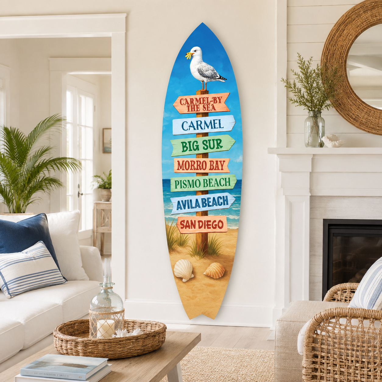 California Coastal Surfboard Sign With Beach Destinations Carmel By The Sea