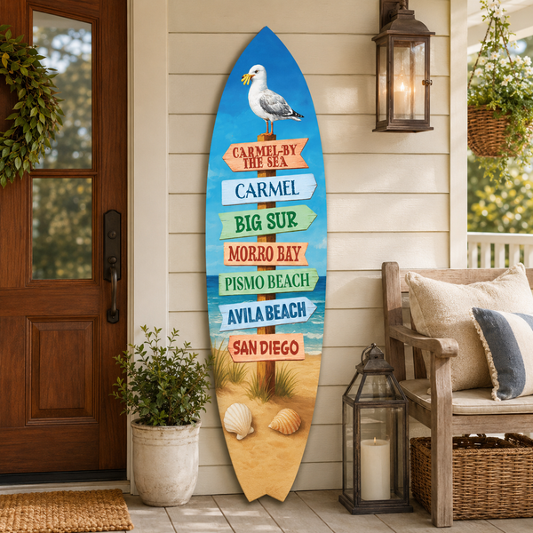 California Coastal Surfboard Sign With Beach Destinations Carmel By The Sea