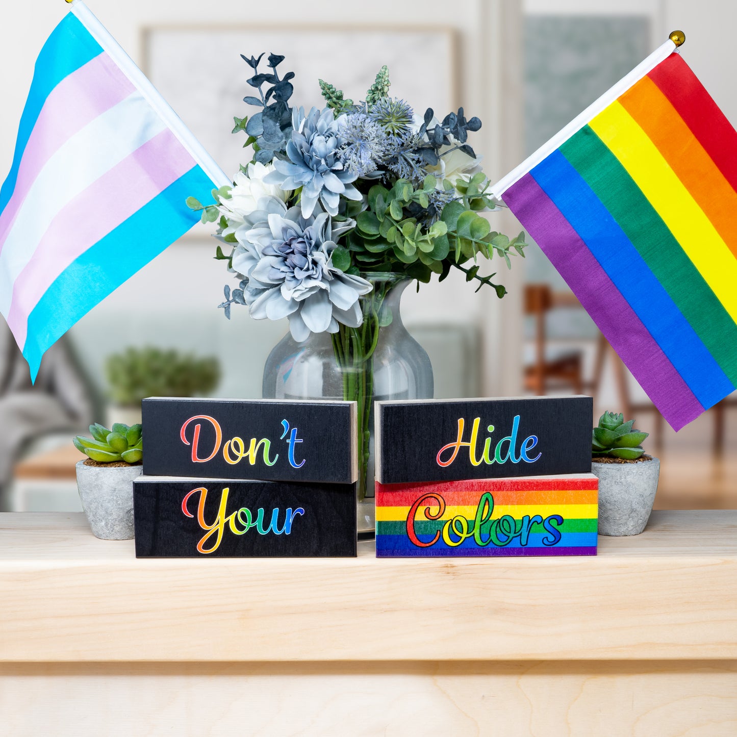 JennyGems LGBT Gifts, Don't Hide Your Colors 4 Piece Wooden Block Set, Pride Rainbow Tiered Tray Decor, LGBTQ Flag, Gay Pride Signs, Made in USA