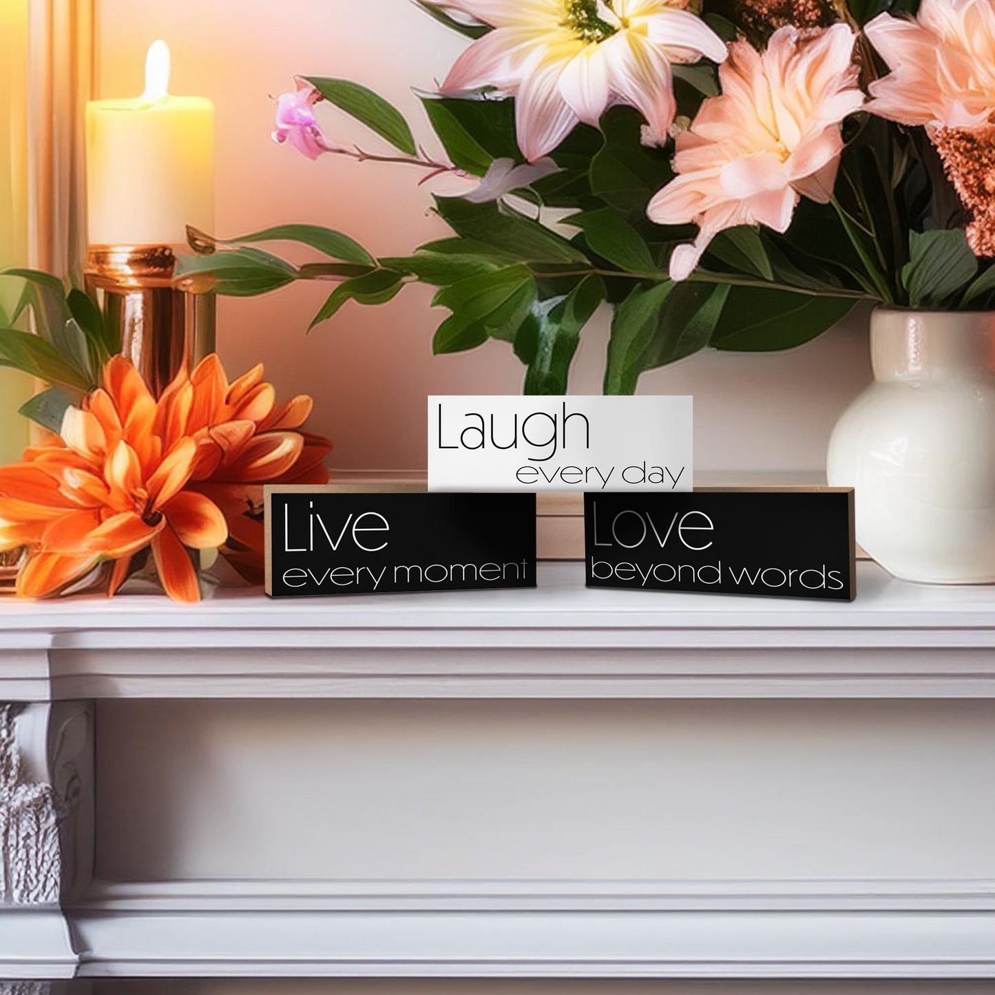 JennyGems Live Laugh Love Set of 3 Wood Block Signs, 5.5"x2" Each, Farmhouse Country Home Decor, Tiered Tray Decor, American Made