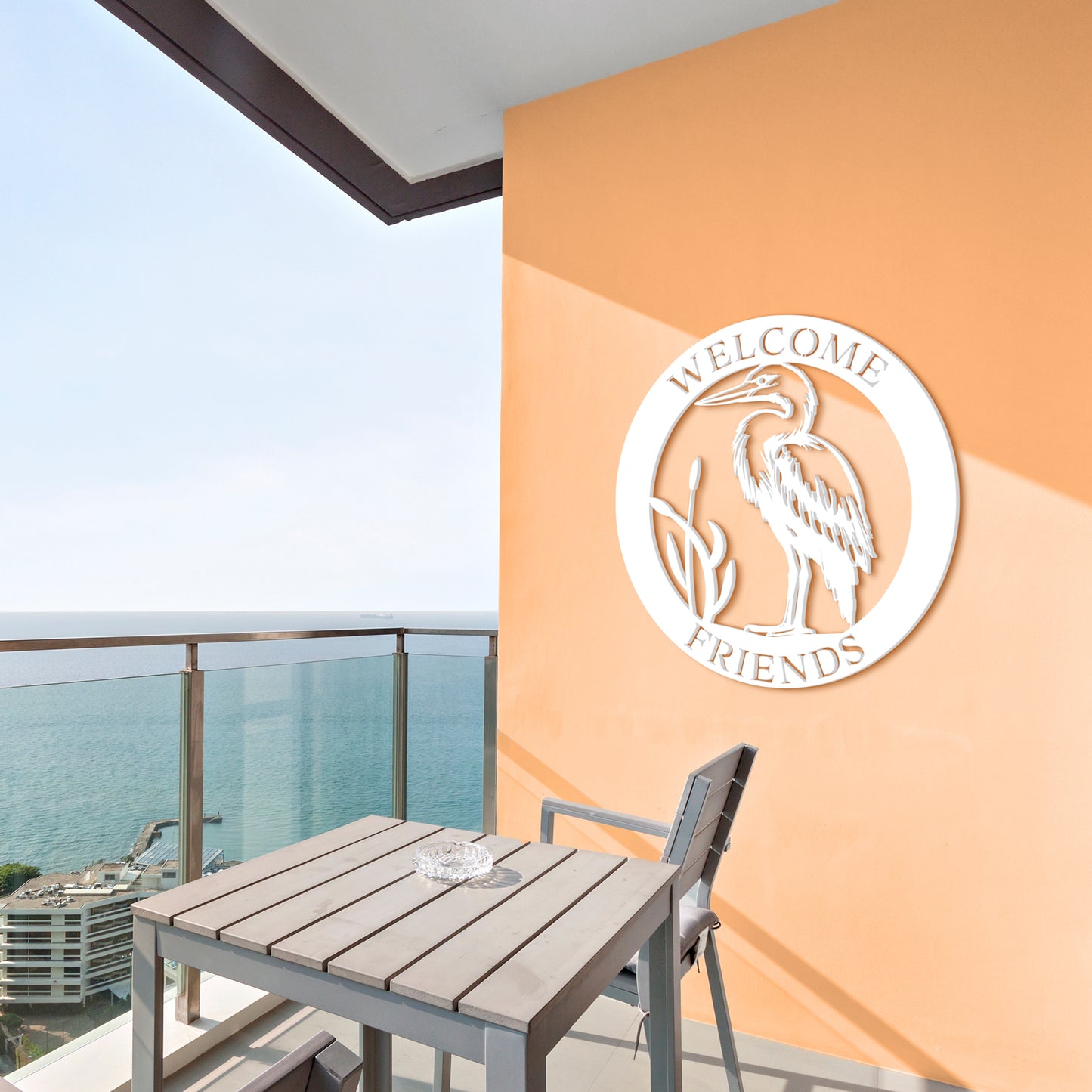 Outdoor Beach Sign Welcome Friends – Round Egret Wall Art for Beach House, Coastal Cottage & Vacation Home - 3 Foot