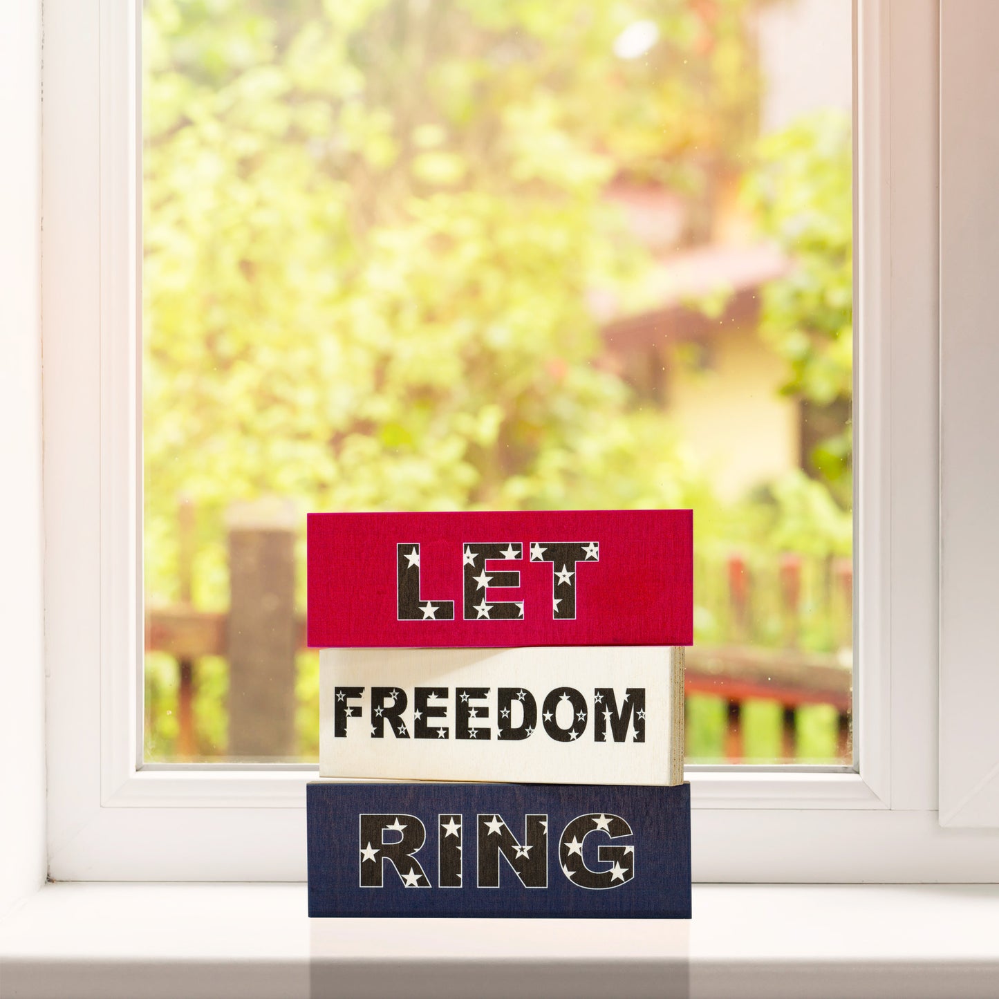 JennyGems Let Freedom Ring Wooden Block Signs 3pc, Patriotic Tiered Tray Decor, 4th of July Decorations, Memorial Day, Red White Blue, Made in USA