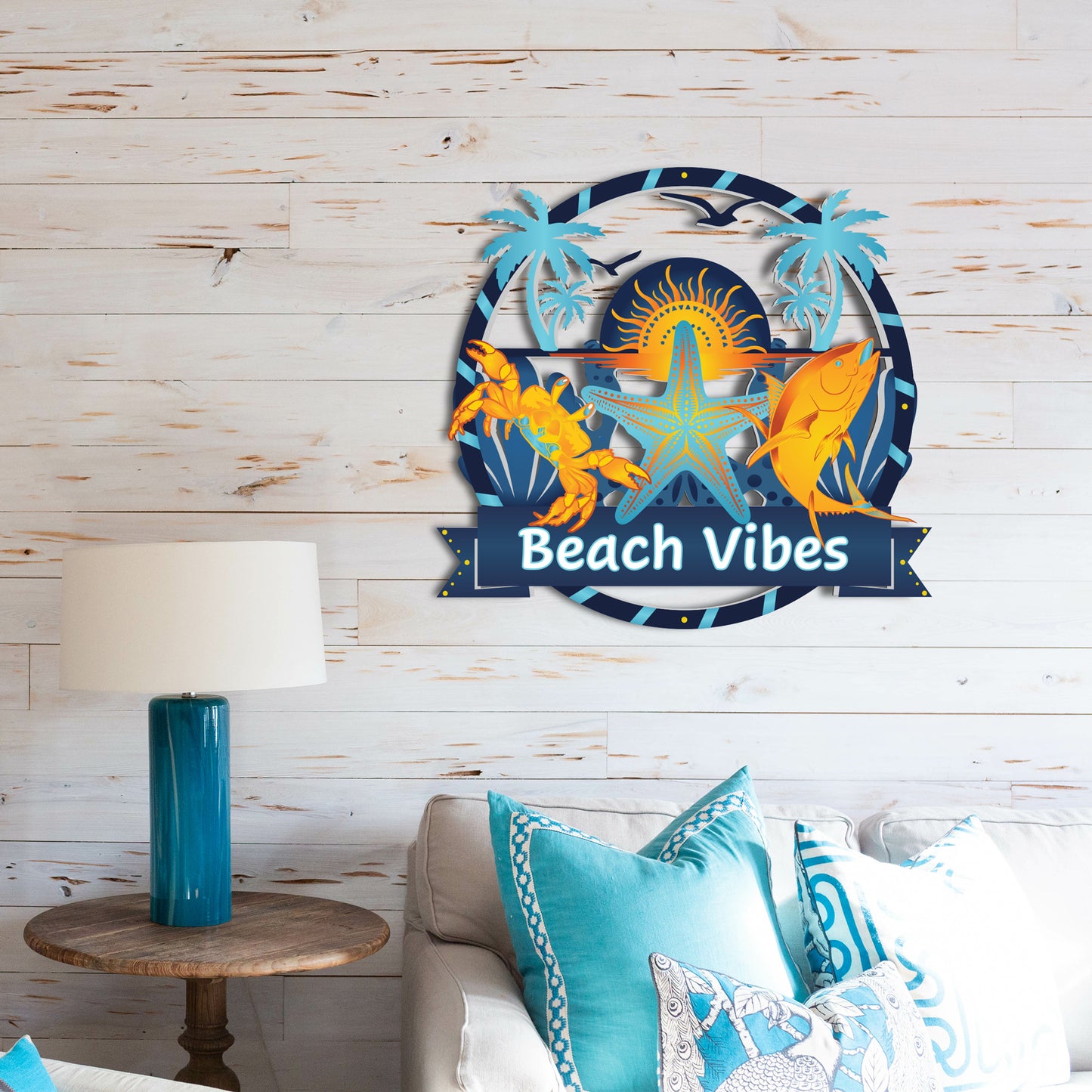 Beach Vibes Outdoor Wall Art – Round PVC Sign with Palm Trees & Ocean Animals - 3 Foot