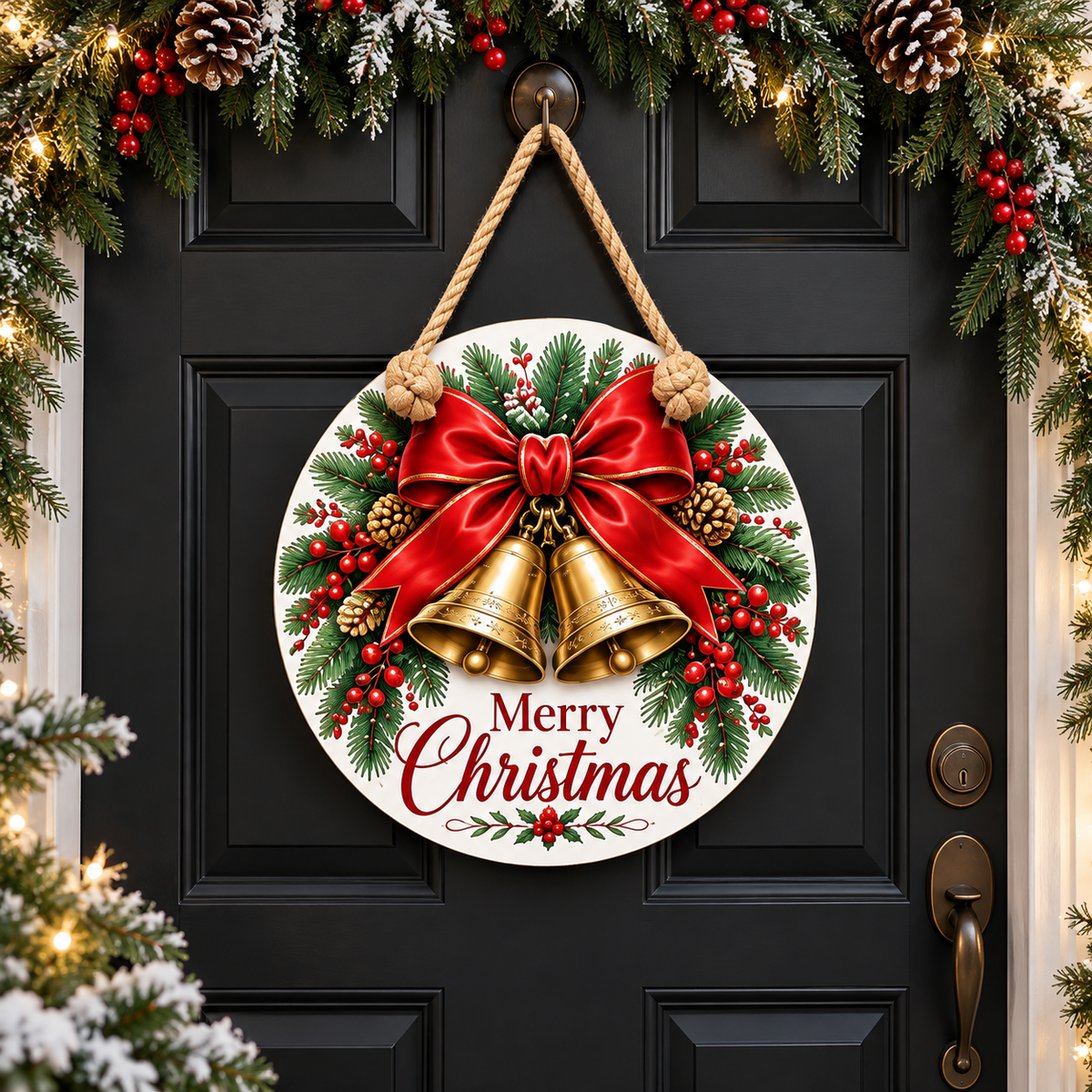Christmas Bells & Red Bow Round PVC Christmas Door Hanger 15.75 Inch — complete door hanger displayed on a front door