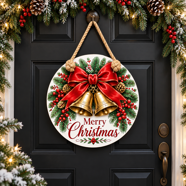 Christmas Bells & Red Bow Round PVC Christmas Door Hanger 15.75 Inch — complete door hanger displayed on a front door