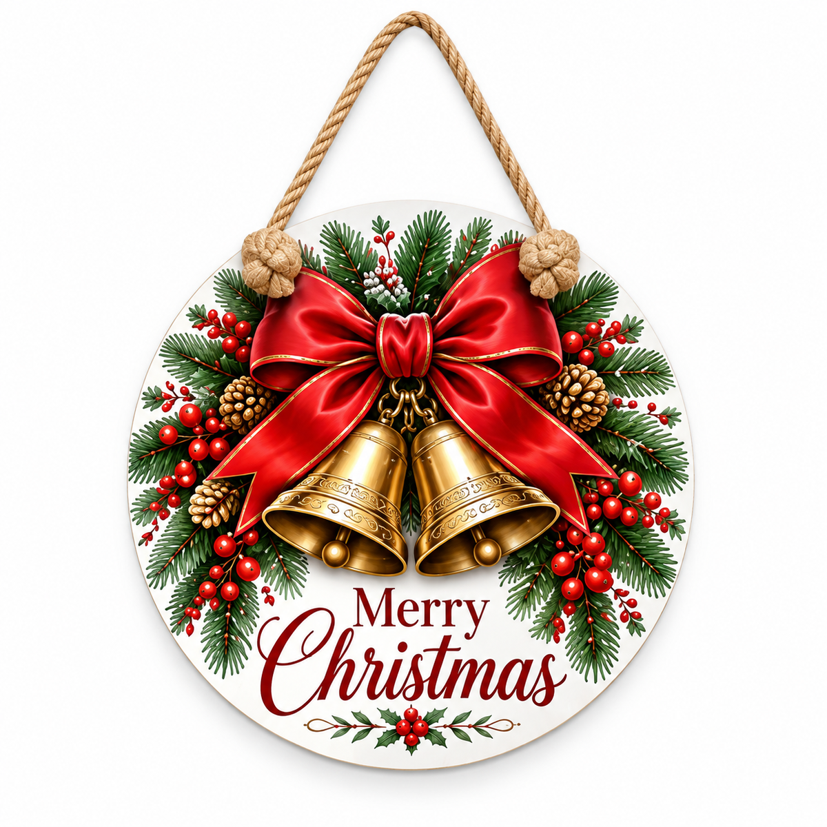 Christmas Bells & Red Bow Round PVC Christmas Door Hanger 15.75 Inch — complete product and rope on white background